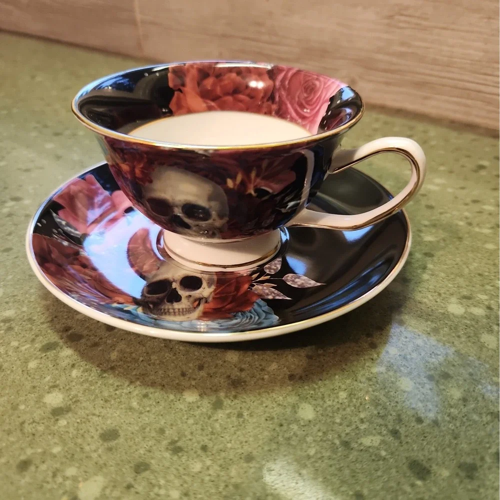 Grace Teaware Porcelain Tea Cup & Saucer Floral Skull Gothic Spooky Halloween